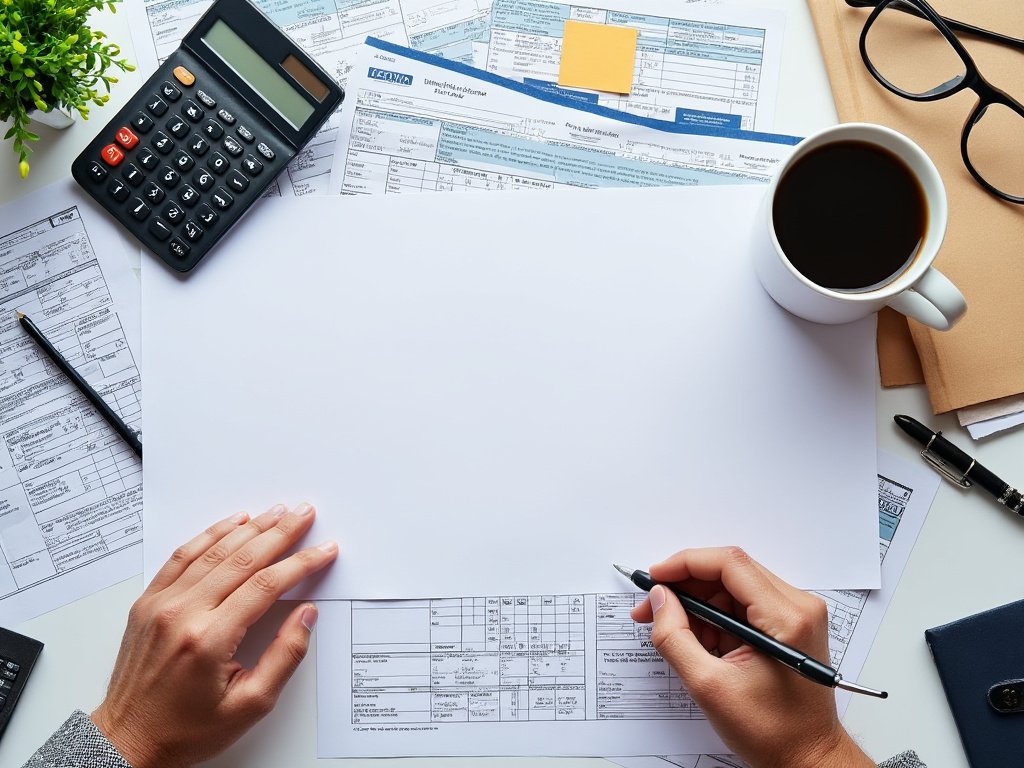 Professional tax preparation workspace with financial forms and fountain pen