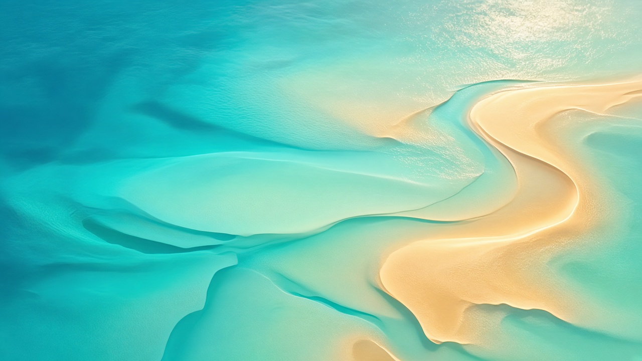 Serene aerial view of crystal turquoise Caribbean water channels and warm sunlit sandbars